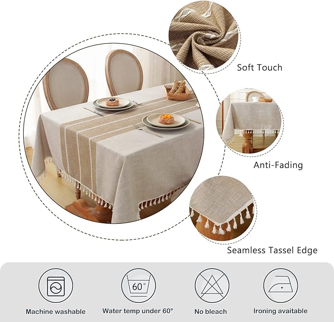 Vintage cotton and linen waterproof winter tablecloth, burlap table cover, suitable for kitchen and dining room, rectangular tablecloth, brown stripes, size: 55''x70'', suitable for 4-6 people.