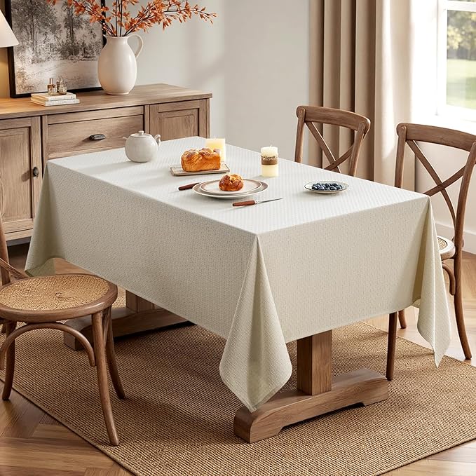 Natural linen-cotton blend rectangular tablecloth, waterproof and stain-resistant, featuring a cross-star pattern design.  Highly decorative, suitable for restaurants, parties, weddings, and other occasions. Farmhouse style. Size: 52 x 70 inches.