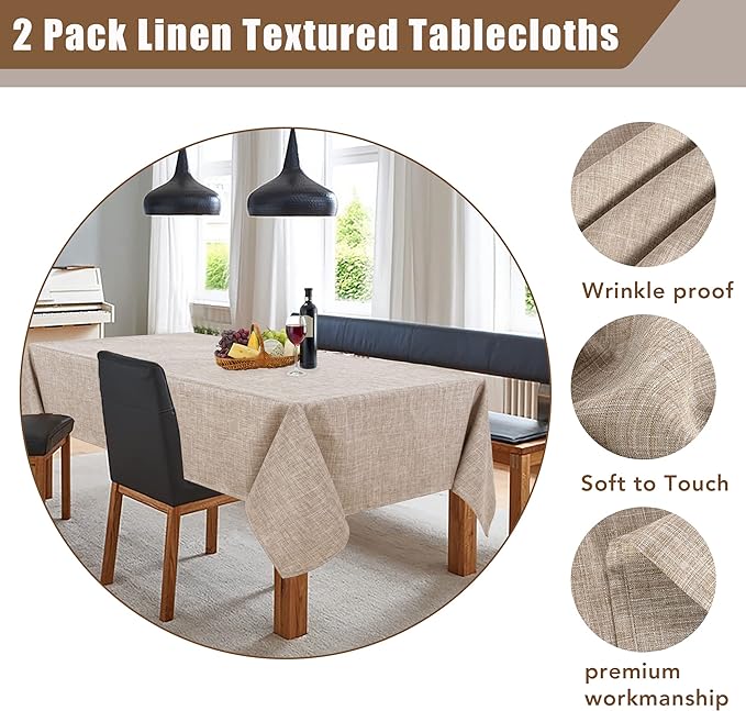 Linen-like Rectangular Tablecloths, 60 x 84 inches - 2 Pack, Neutral Colors, suitable for 4-6 foot dining tables, wrinkle-resistant burlap-like tablecloths, perfect for restaurants, farmhouses, outdoor picnics and camping.