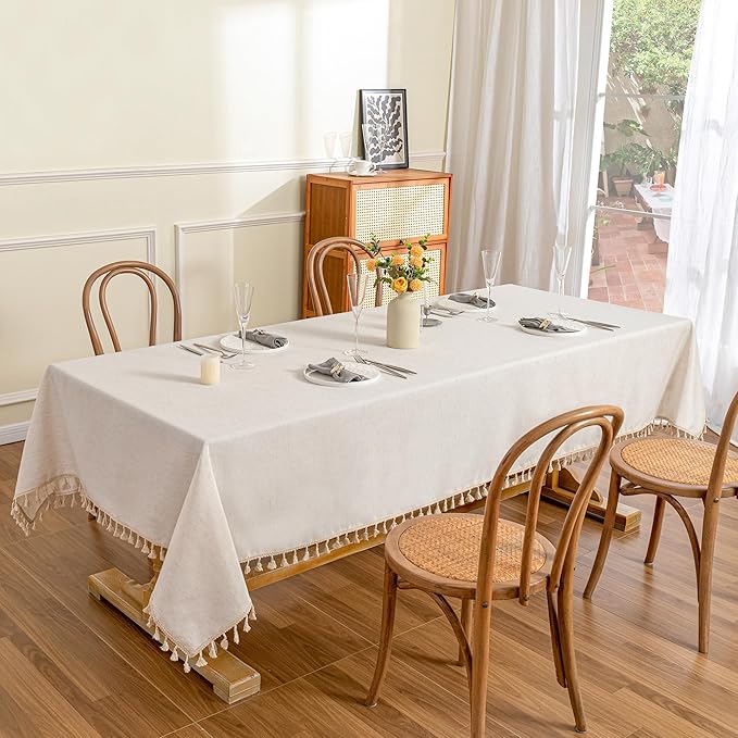 Rectangular tablecloth, 60x120 inches, heavy-duty cotton with a linen-like appearance, waterproof, country style, wrinkle-resistant, with tassels, suitable for kitchen, dining room, and parties.