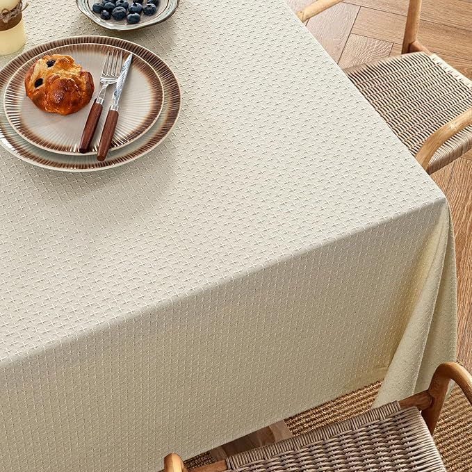 Natural linen-cotton blend rectangular tablecloth, waterproof and stain-resistant, featuring a cross-star pattern design.  Highly decorative, suitable for restaurants, parties, weddings, and other occasions. Farmhouse style. Size: 52 x 70 inches.
