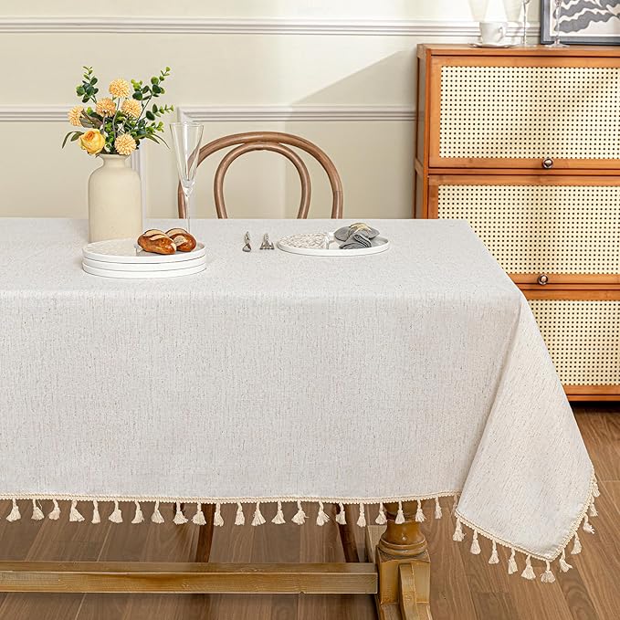 Rectangular tablecloth, 60x120 inches, heavy-duty cotton with a linen-like appearance, waterproof, country style, wrinkle-resistant, with tassels, suitable for kitchen, dining room, and parties.